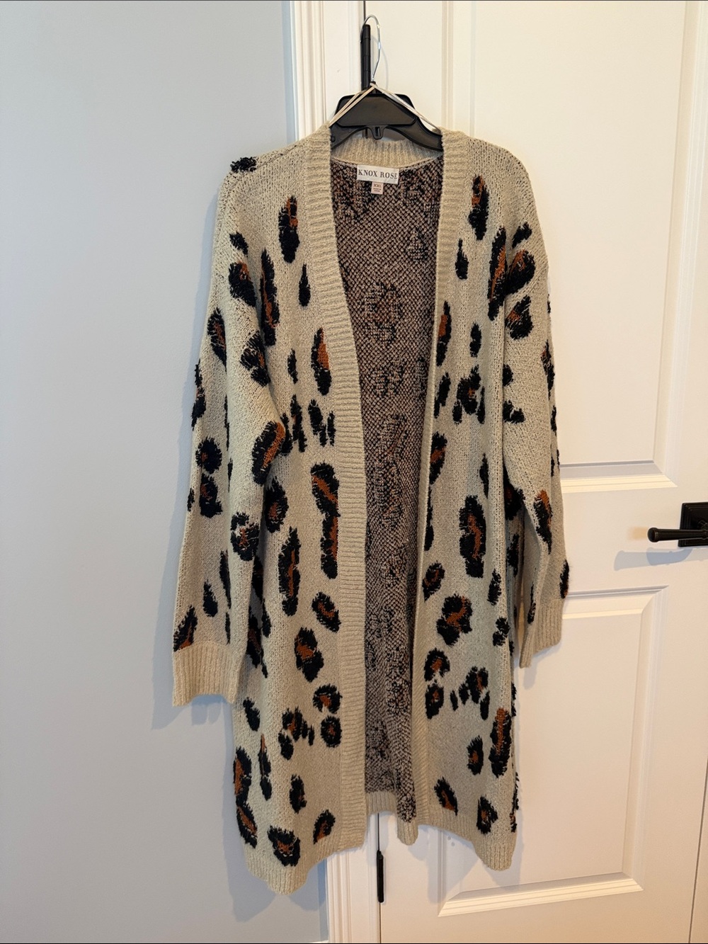 Knox Rose Beige Leopard Print Open Cardigan with Black and Brown Spots